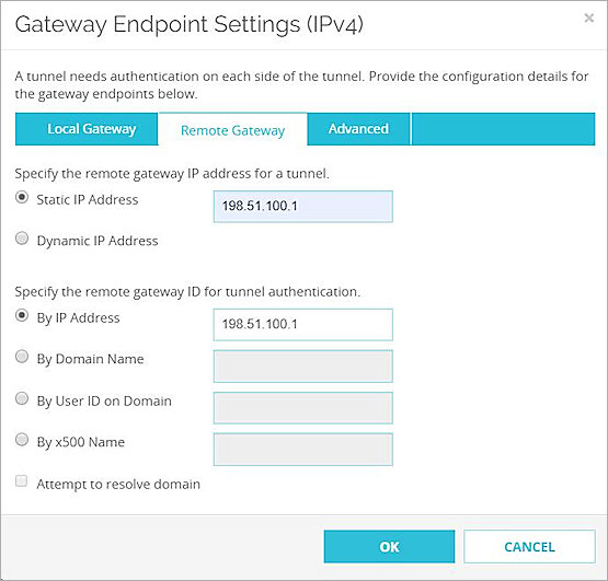 Screen shot of the Remote Gateway settings on the Firebox